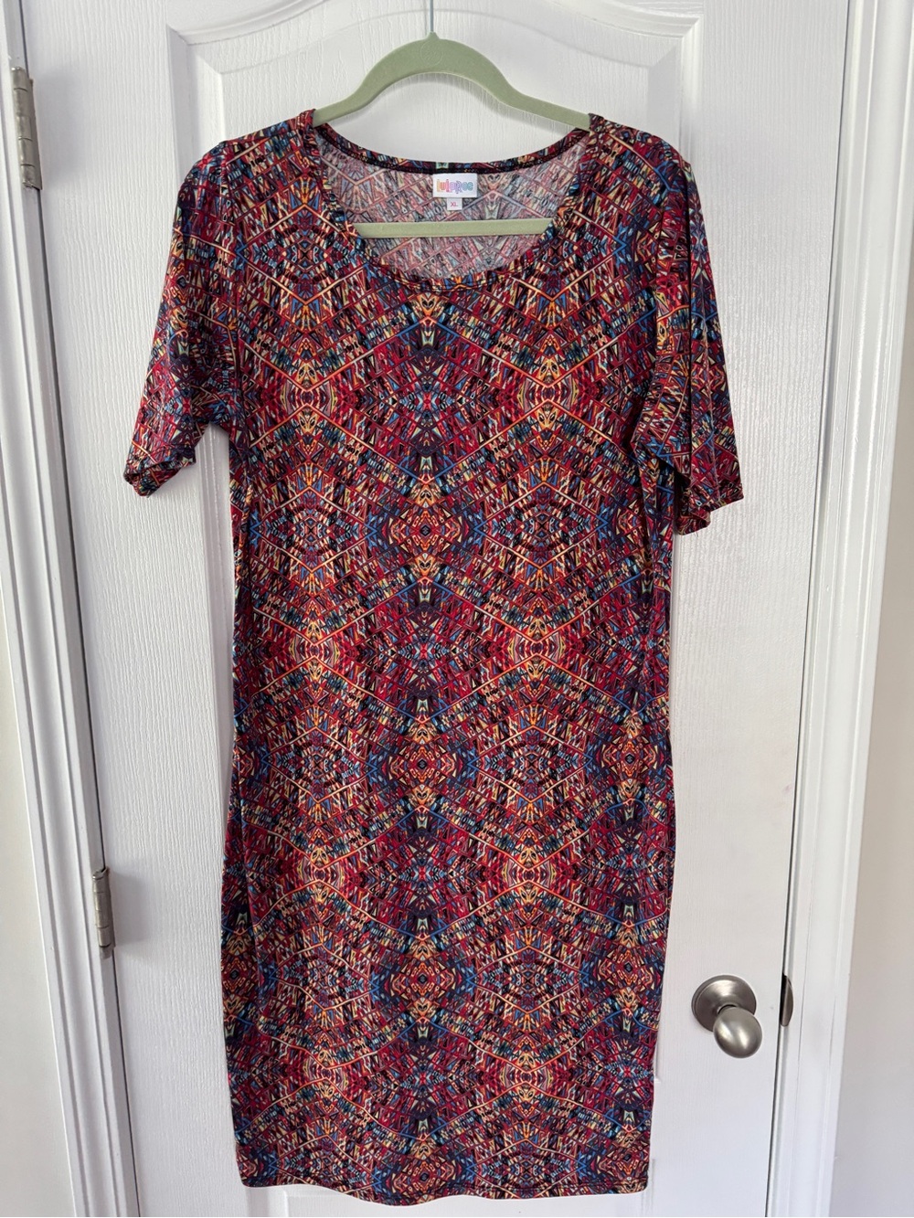 LuLaRoe Multicolor Geo-Print Midi Dress in Red, Blue, Yellow